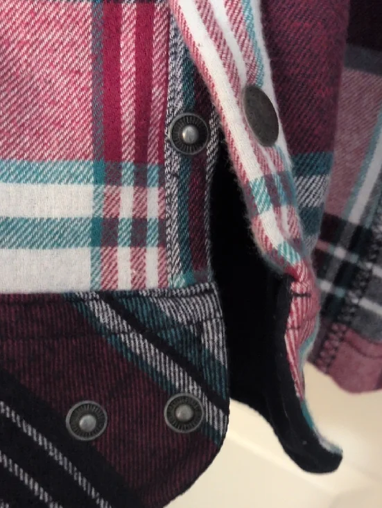 Orvis Plaid Snap-Front Jacket - Burgundy, Black, White, Teal With Pockets. - Picture 7 of 12